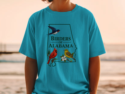 Teal t-shirt with outline of Alabama, cardinal, yellow bird, and swallow.