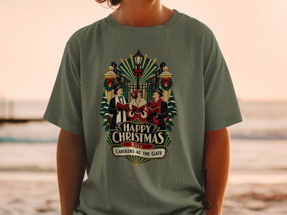 Christmas t-shirt graphic with carolers and "Happy Christmas Ritz" text.