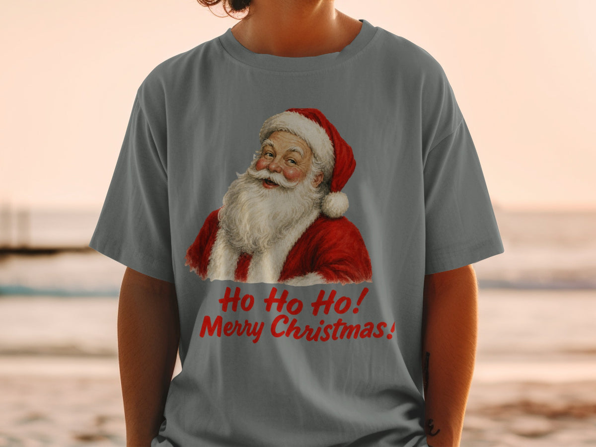 Santa Claus illustration with "Ho Ho Ho! Merry Christmas!" text on a grey t-shirt.