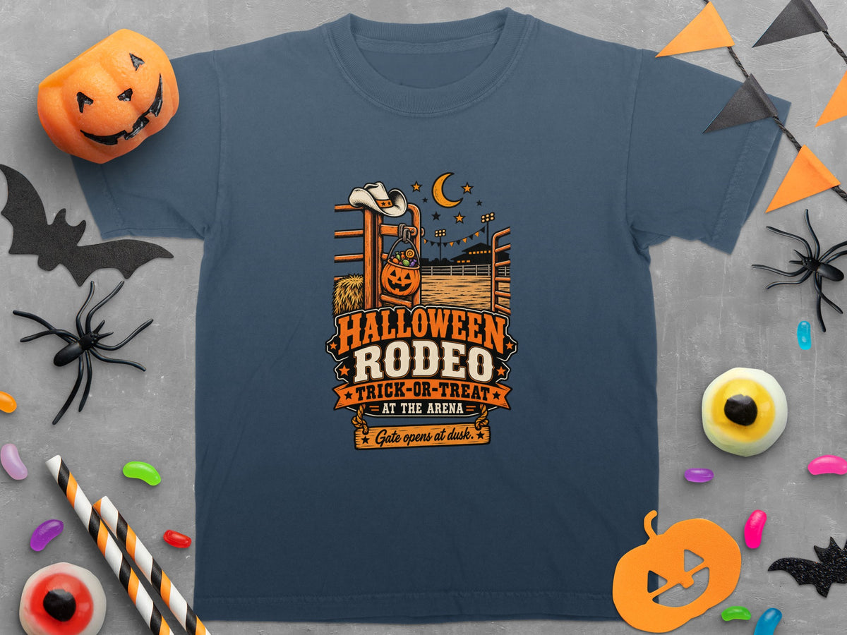 Dark blue t-shirt with "Halloween Rodeo Trick-or-Treat" text and rodeo graphics.