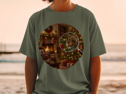 T-shirt with a festive Christmas scene featuring a squirrel magnified by a magnifying glass.