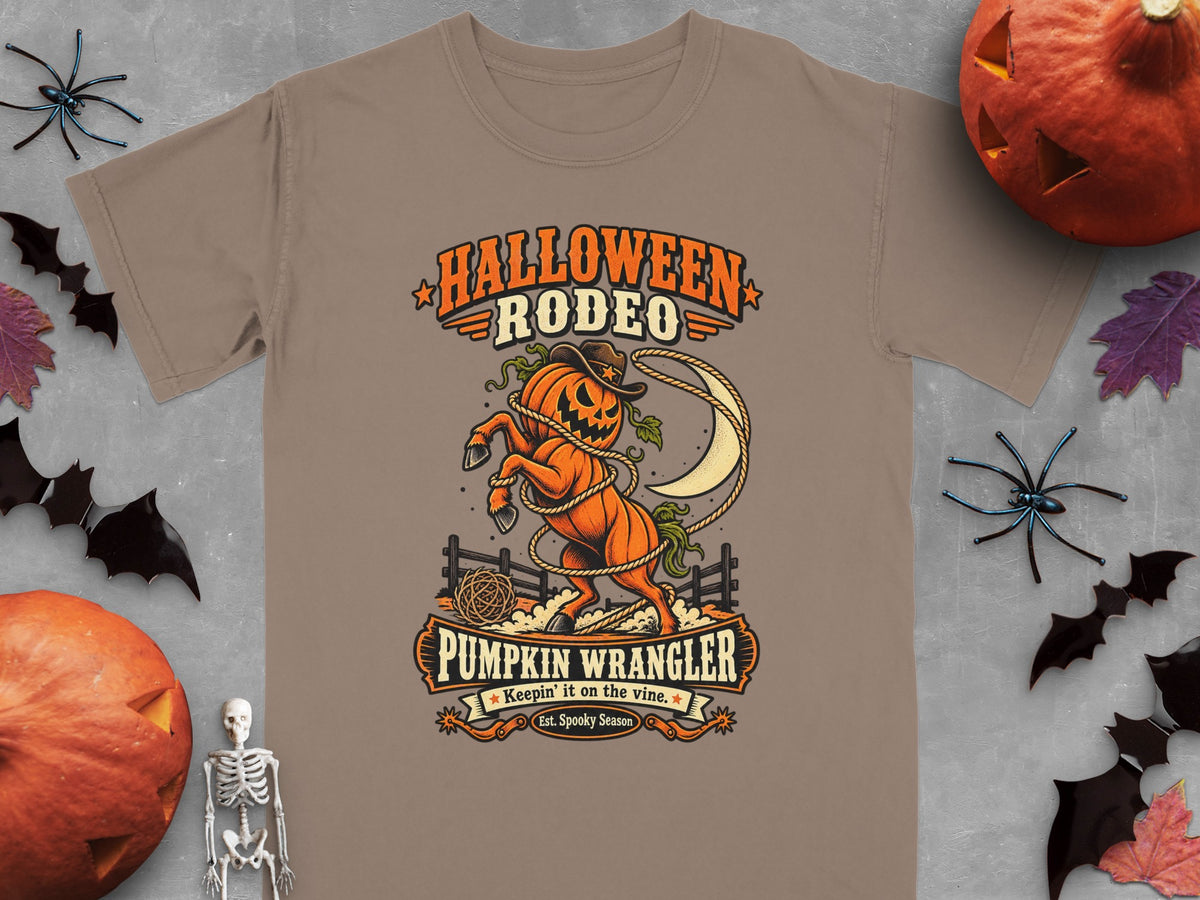 Halloween Rodeo t-shirt with a pumpkin horse, lasso, and moon graphic.