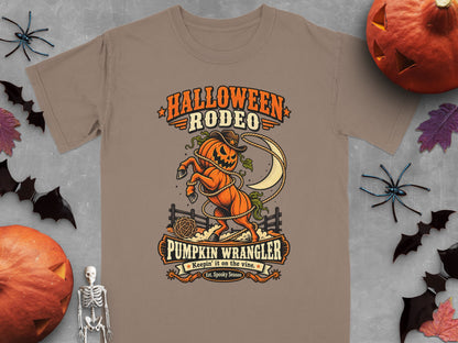 Halloween Rodeo t-shirt with a pumpkin horse, lasso, and moon graphic.