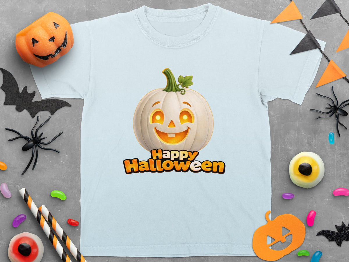Light blue t-shirt with a grinning white pumpkin and "Happy Halloween" text.