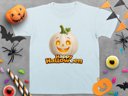 Light blue t-shirt with a grinning white pumpkin and "Happy Halloween" text.