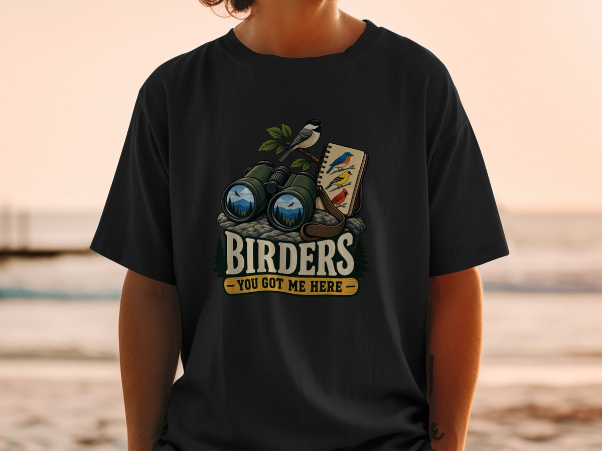Birders graphic with binoculars, birds, and text "You Got Me Here".