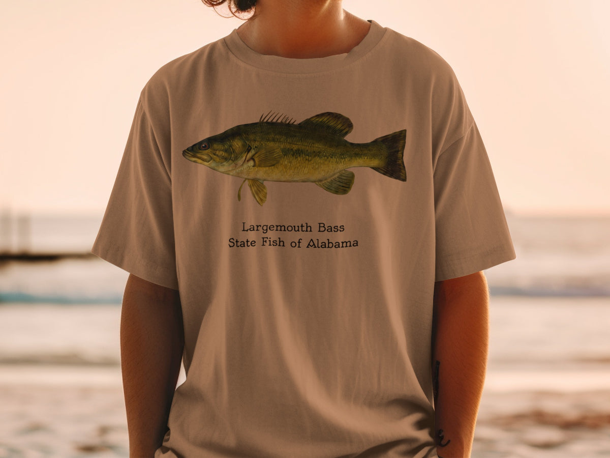 T-shirt with a Largemouth Bass design, labeled "State Fish of Alabama".