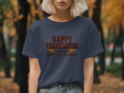 Navy t-shirt with "Happy Thanksgiving" and "gather eat give thanks" text.
