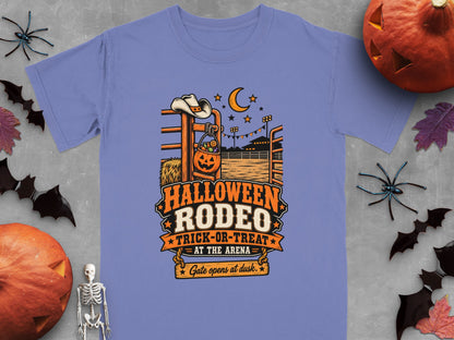 Halloween Rodeo Trick-or-Treat at the Arena t-shirt design with pumpkins and moon.