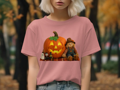 Halloween themed t-shirt with pumpkin, scarecrow, ghosts, and witch figures.
