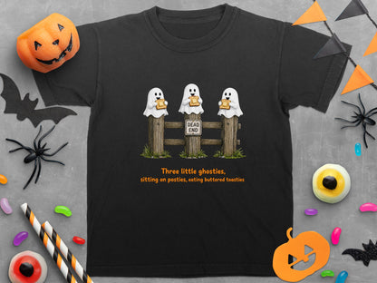 Three ghosties sitting on a fence eating toast with a "Dead End" sign.