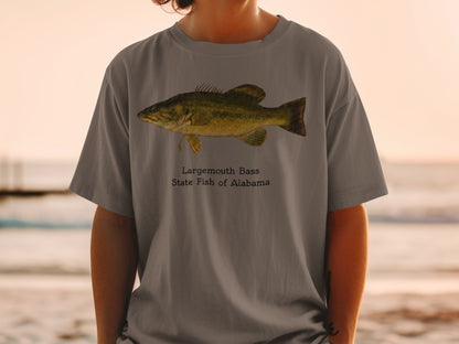 Largemouth Bass, State Fish of Alabama graphic on a gray t-shirt.
