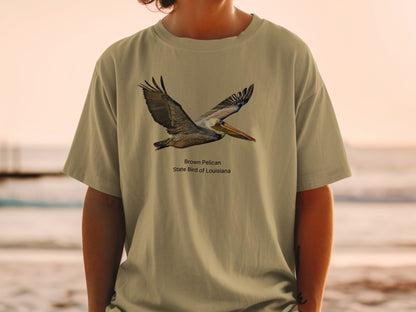 Brown Pelican, State Bird of Louisiana, on a tan t-shirt.