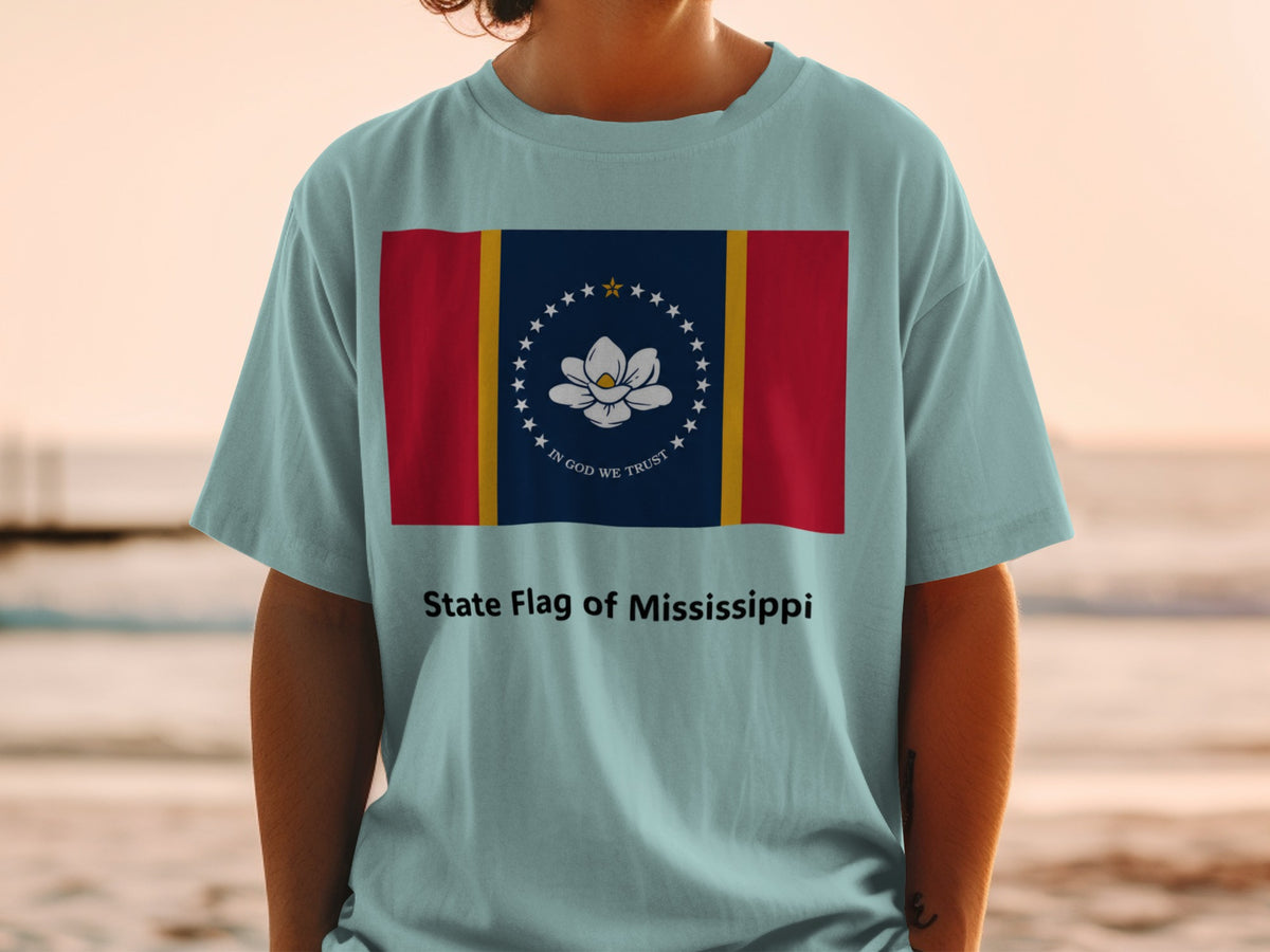 Light blue t-shirt featuring the Mississippi state flag and text "State Flag of Mississippi".