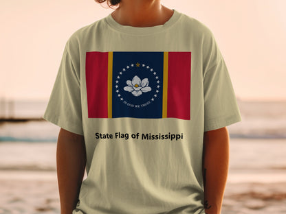 T-shirt with the Mississippi state flag design, featuring a magnolia and "In God We Trust".