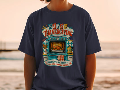 Thanksgiving graphic with a turkey in an oven and text "Happy Thanksgiving".