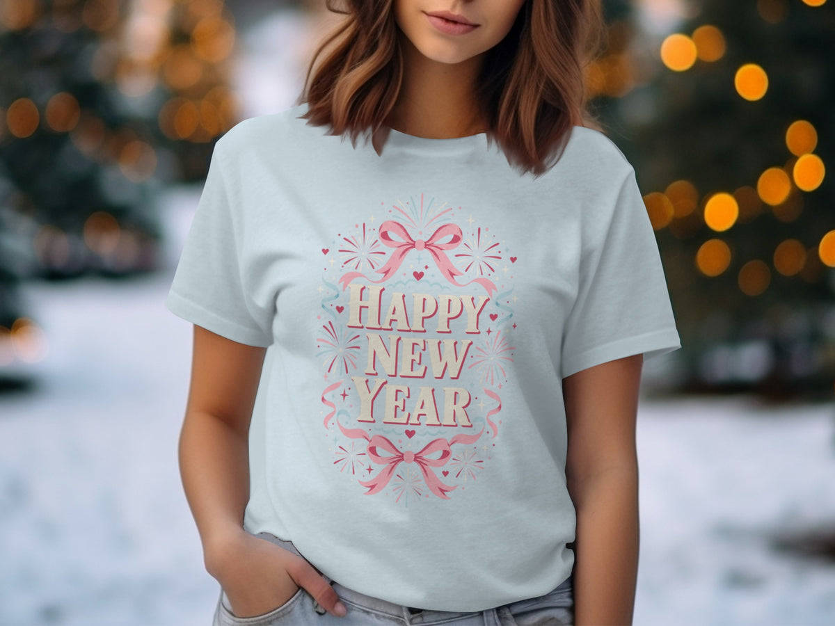 Light blue t-shirt with "Happy New Year" text, pink bows, and fireworks graphic.