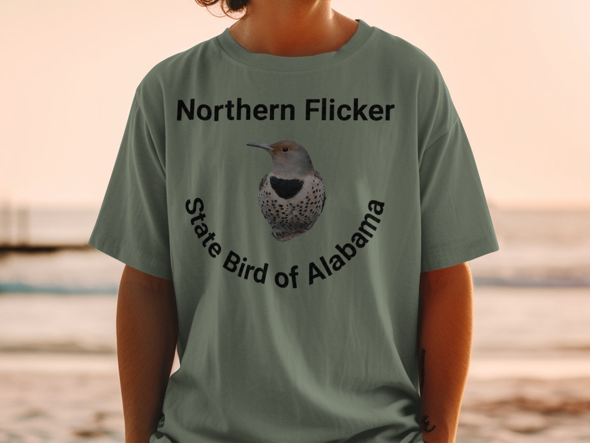 Northern Flicker, State Bird of Alabama graphic on a t-shirt.