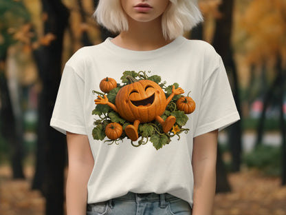 White t-shirt with a happy cartoon pumpkin design surrounded by leaves.