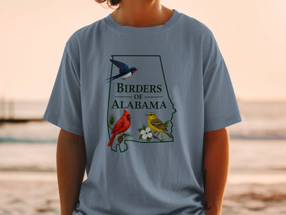 Birders of Alabama t-shirt with state outline, cardinal, yellow bird, and swallow.