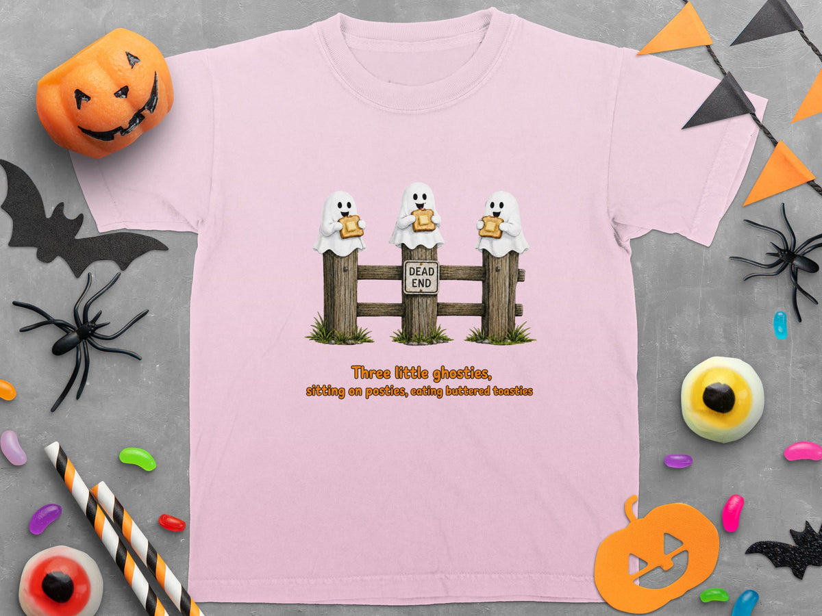 Pink t-shirt with three ghosts on a fence eating toast and text.