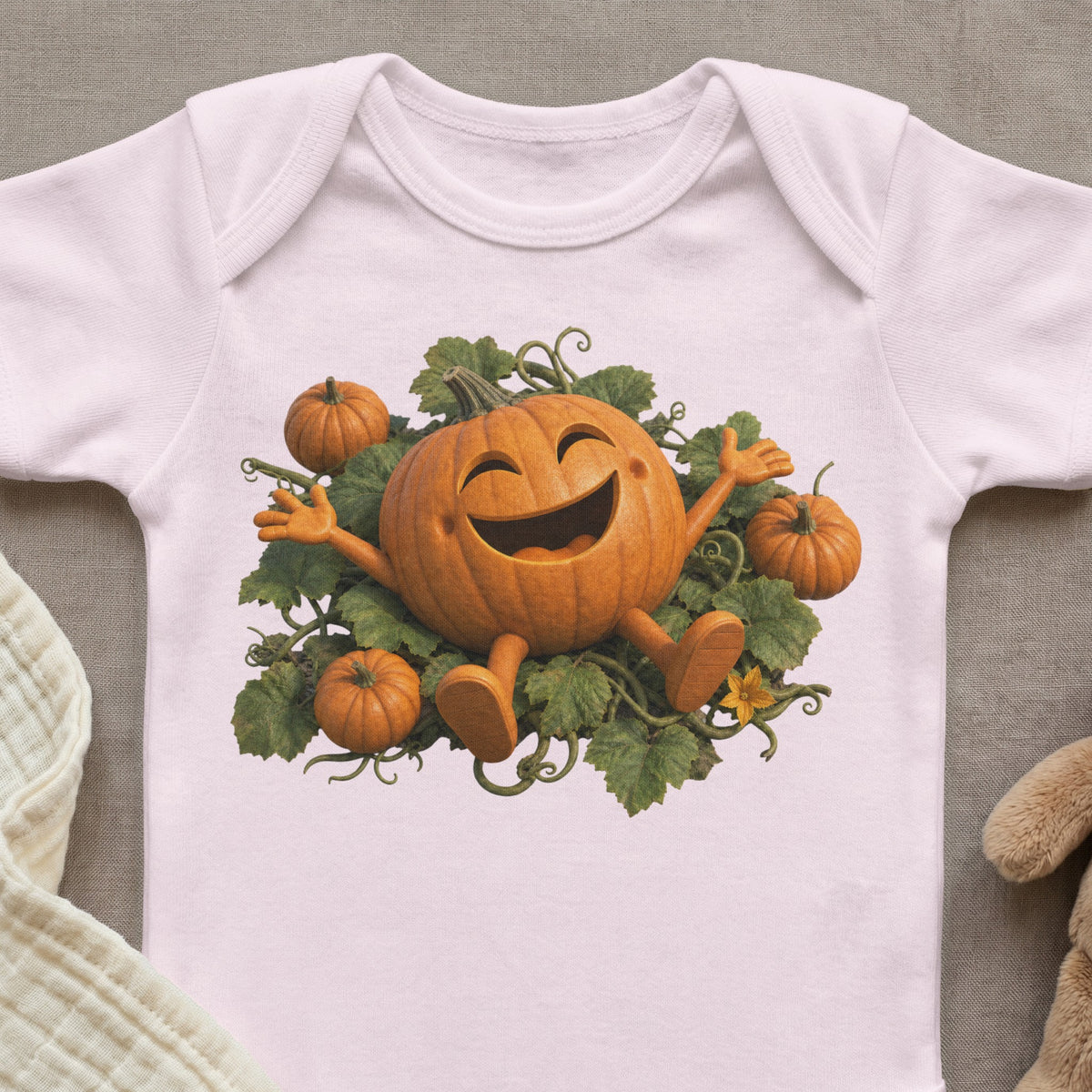 Illustration of a happy cartoon pumpkin with arms and legs surrounded by leaves and smaller pumpkins.