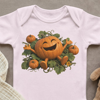 Illustration of a happy cartoon pumpkin with arms and legs surrounded by leaves and smaller pumpkins.