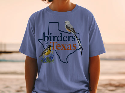 Texas outline with "birders of Texas" text and two birds and bluebonnets.