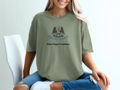 T-shirt with Louisiana state flag and motto "Union, Justice & Confidence."