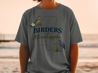 T-shirt with "Birders of Mississippi" text and illustrations of a yellow warbler and a blue heron.