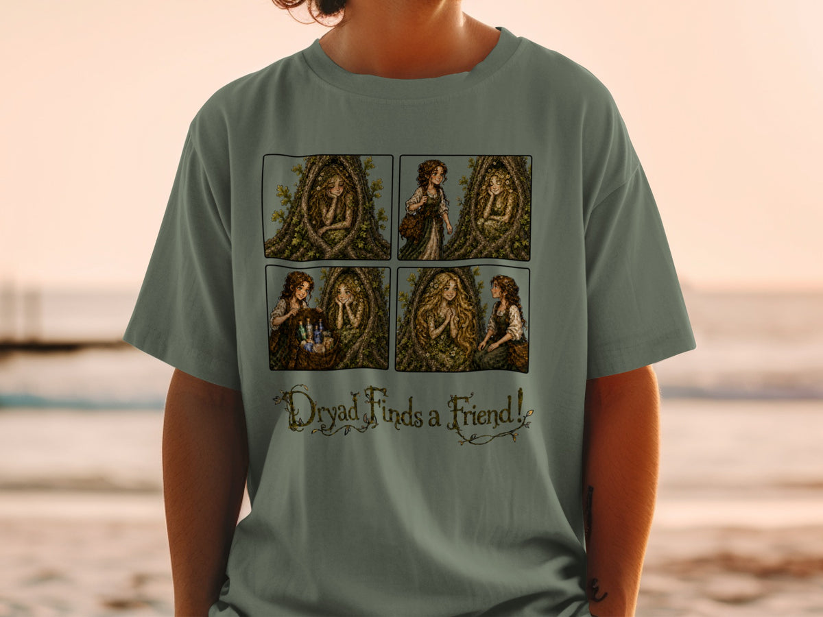Four panel comic of a dryad with trees, text "Dryad Finds a Friend!".