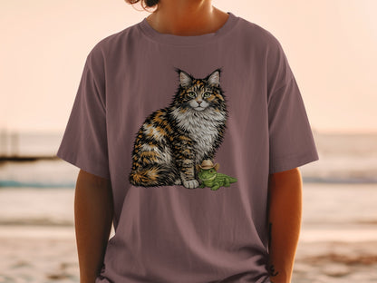 A person wears a mauve t-shirt featuring an illustration of a fluffy calico cat sitting beside a small alligator wearing a cowboy hat.