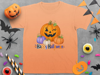 Orange t-shirt with Halloween pumpkins and "Happy Halloween" text.