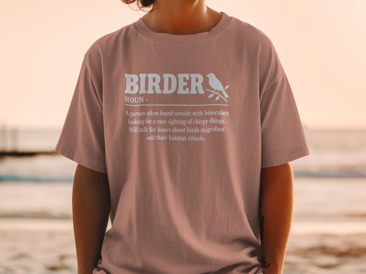 T-shirt with "BIRDER" definition and bird illustration.