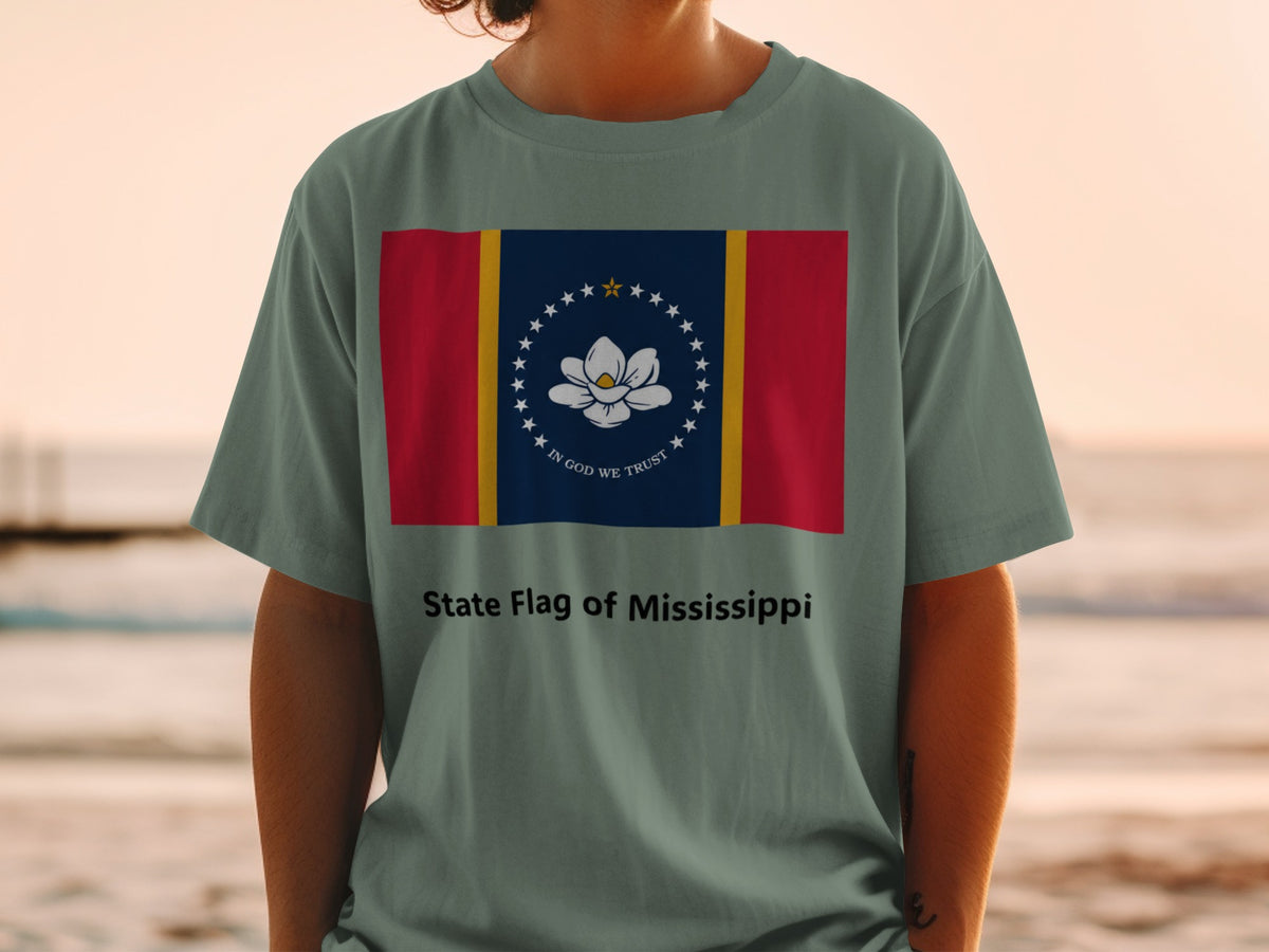 T-shirt with Mississippi state flag design and text "State Flag of Mississippi".