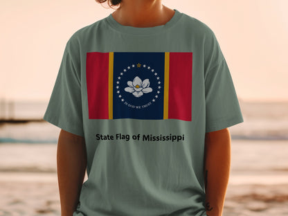 T-shirt with Mississippi state flag design and text "State Flag of Mississippi".