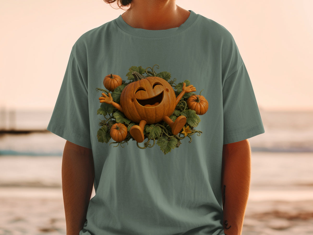 T-shirt with a happy cartoon pumpkin surrounded by vines and smaller pumpkins.
