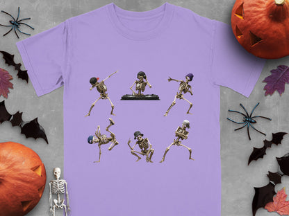 Purple t-shirt with five dancing skeletons, one DJing.