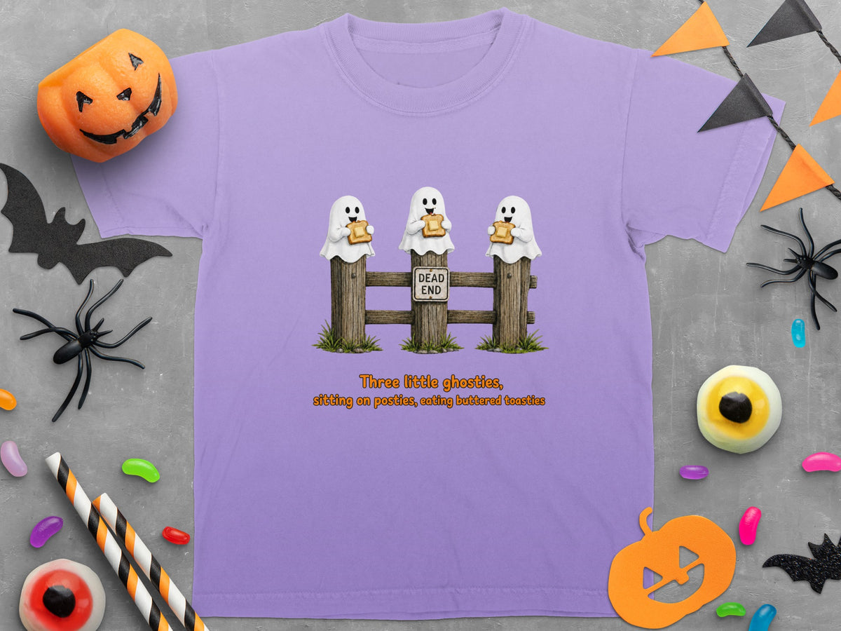 Three ghosts sit on a fence eating toast, with text "Three little ghosties, sitting on posties, eating buttered toasties".