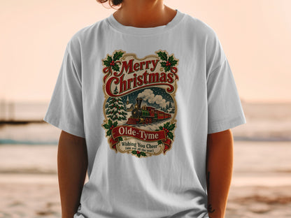 White t-shirt with "Merry Christmas Olde-Tyme Wishing You Cheer" graphic.