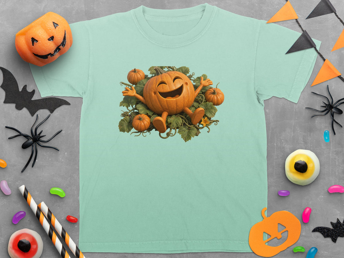 Teal t-shirt with a smiling pumpkin character surrounded by vines and smaller pumpkins.