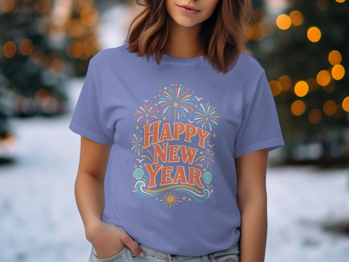 Purple t-shirt with "Happy New Year" text and fireworks design.