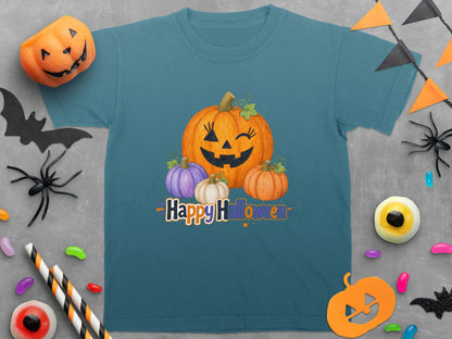 Teal t-shirt with Halloween pumpkins and "Happy Halloween" text design.