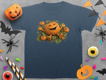 Navy t-shirt with a happy cartoon pumpkin surrounded by smaller pumpkins and vines.