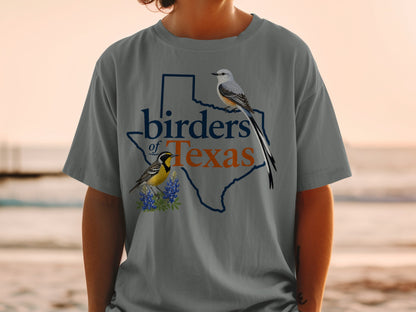 Texas outline with two birds and "birders of Texas" text.