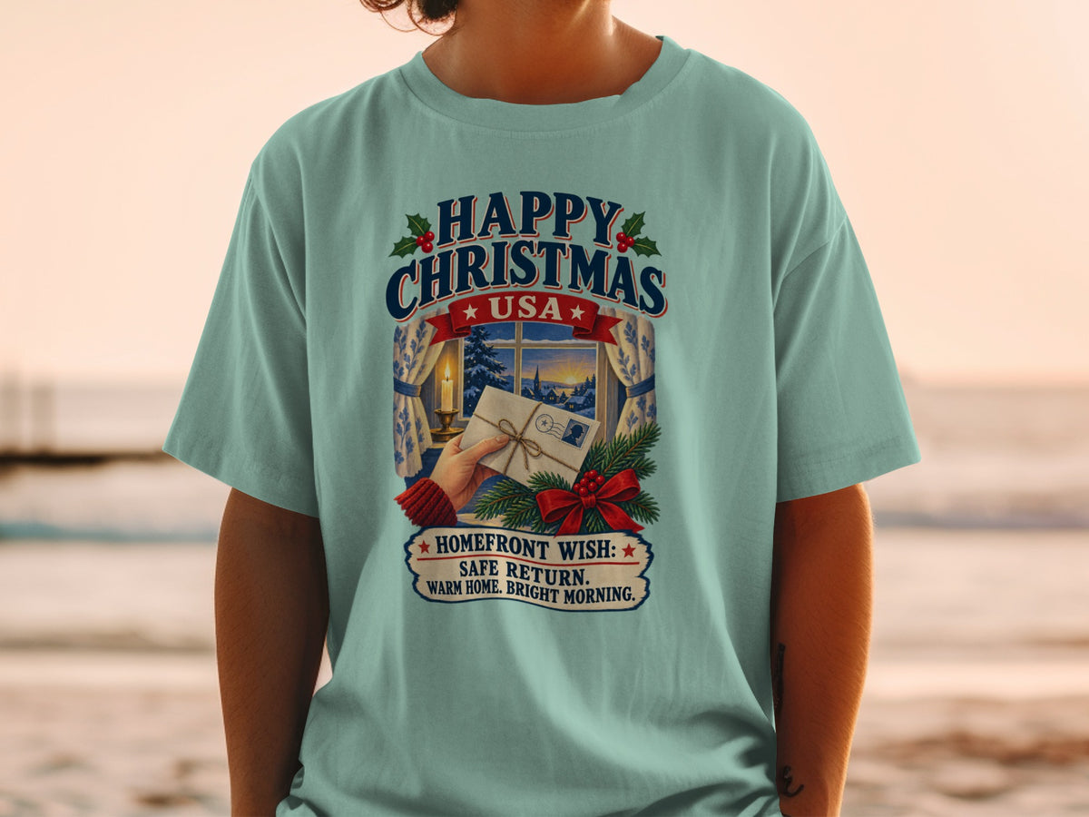 T-shirt with "Happy Christmas USA" and "Homefront Wish: Safe Return" text.