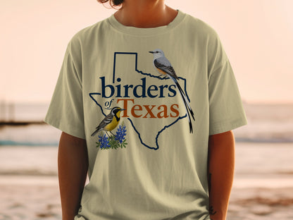 Texas outline with two birds, bluebonnets, and "birders of Texas" text.