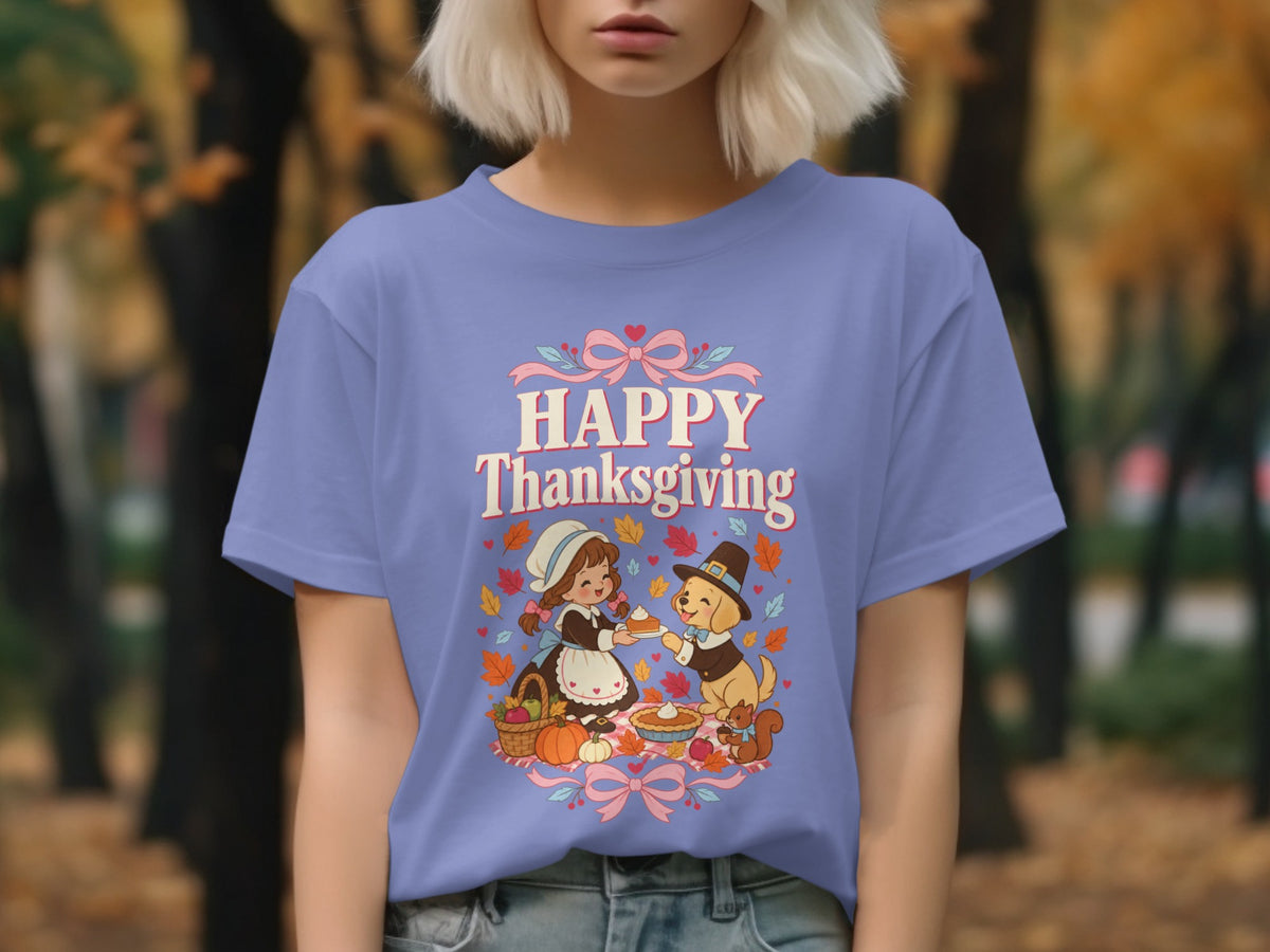 Thanksgiving graphic with pilgrim girl and dog sharing pie.