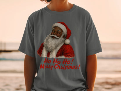 Santa Claus graphic with "Ho Ho Ho! Merry Christmas!" text on a grey t-shirt.
