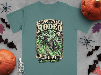 Halloween Rodeo Haunted Bull Ride t-shirt with skeleton rider and glowing bull.